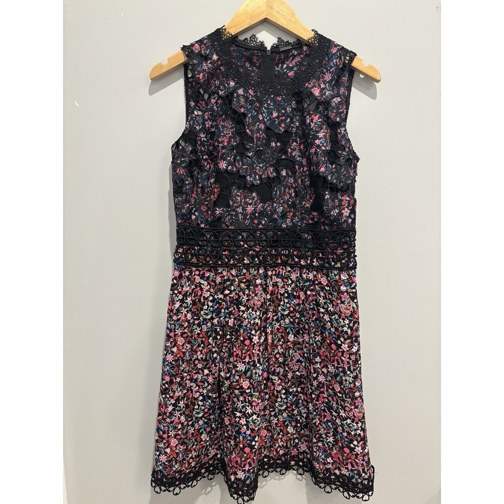 ELIE TAHARI $498 Floral Embroidered Lined Sheath Dress Size 4 Pink/black EUC